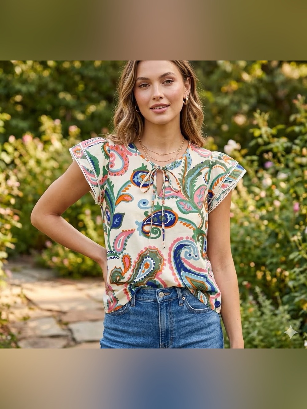 CeCe Boho Paisley Tunic Top Tie Neck Flutter Sleeve Linen Blend Size S